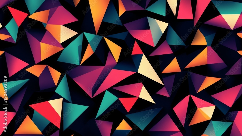 Poster collection of abstract triangle shapes in bold colors, forming a vibrant, layered pattern with depth