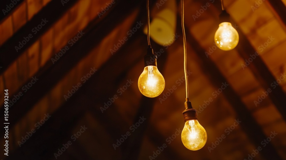 Poster cozy warm light bulbs hanging from a rustic wooden ceiling, illuminating the space with a soft amber