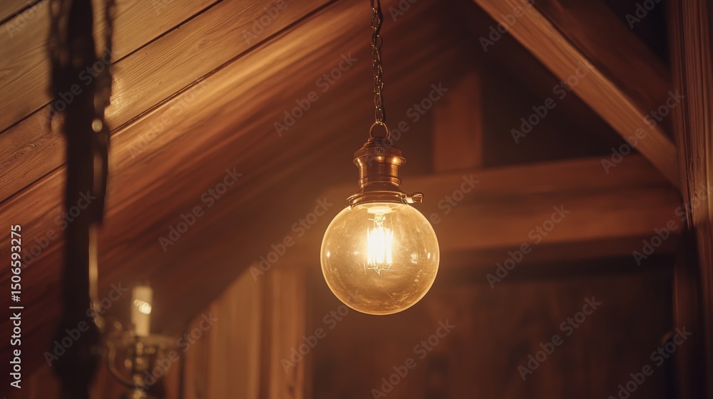 Poster Cozy warm light bulbs hanging from a rustic wooden ceiling, illuminating the space with a soft amber glow against a dim background