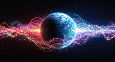 Earth surrounded by vibrant energy streams in space