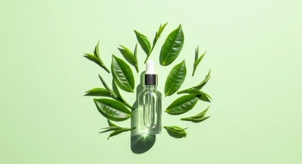 Green tea leaves scattered beside glass serum bottle on pastel green background