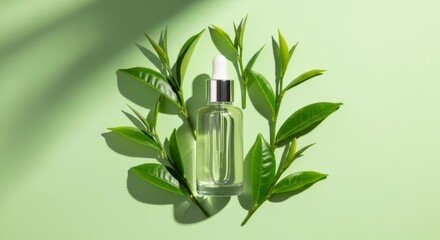 Green tea leaves scattered beside glass serum bottle on pastel green background