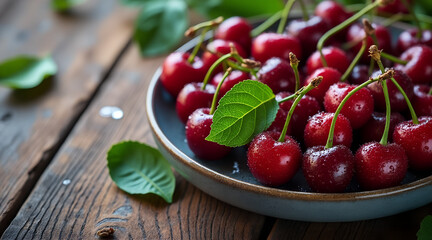 Dewy cherries with stems in circular pattern on rustic wooden table, high-key morning light with water droplets and copy space