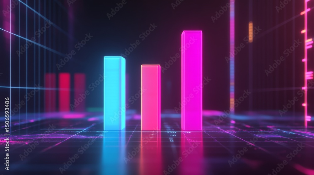 Fototapete dark-themed d bar chart with neon-colored bars and a digital grid base, capturing a futuristic data 