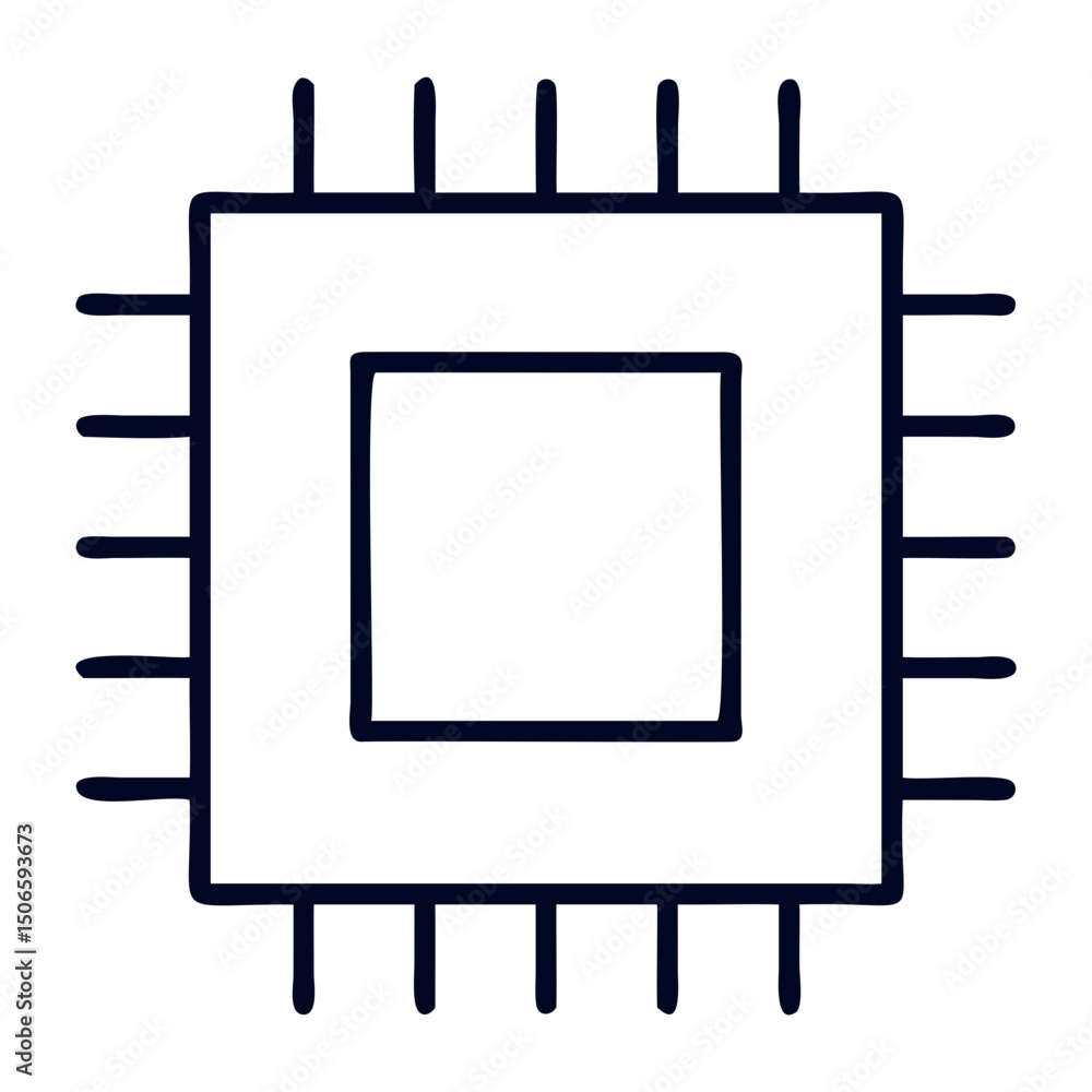 Poster illustration of a simple computer chip with a square outline and multiple pins on transparent backgr