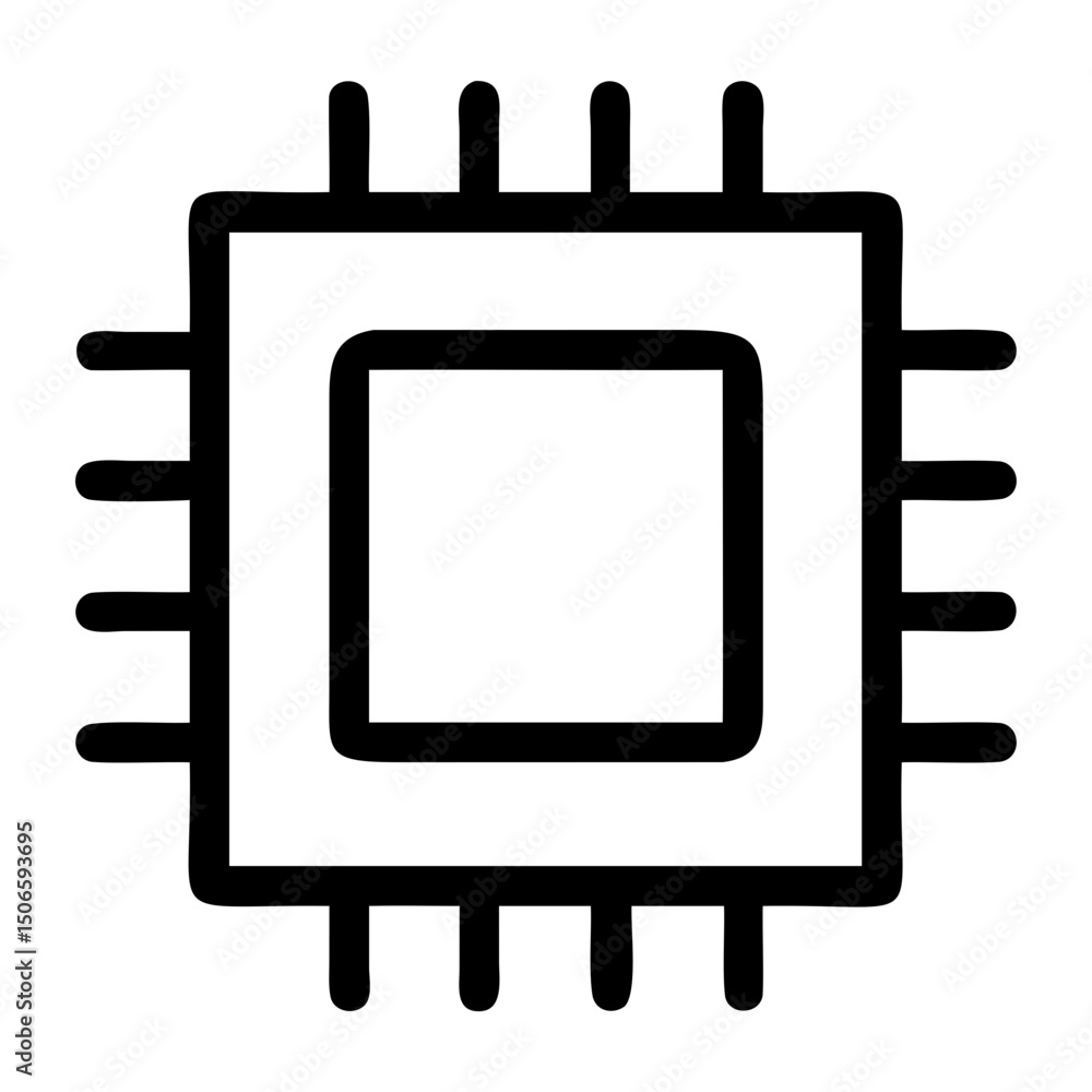 Aufkleber illustration of a simple black and white computer chip with multiple pins shown on transparent backg