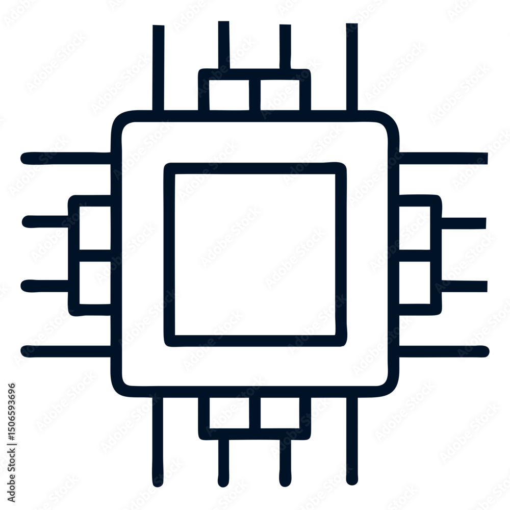 Poster a simple outline drawing of a computer chip with connections on all four sides on transparent backgr