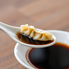  dumpling in a spoon with sauce.