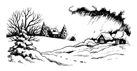 winter village in snowy landscape