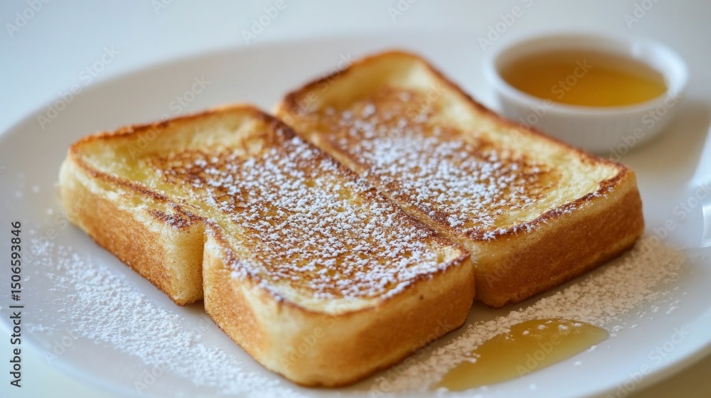 Poster fluffy cinnamon toast dusted with powdered sugar, with a small dish of honey on the side for a warm 