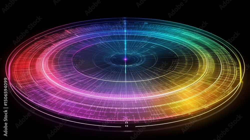 Aufkleber Futuristic radar-style circular graphic with bright neon lines and rotating elements on a dark tech-inspired background