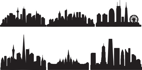 Fototapeta premium Urban Skyline Silhouettes Set Famous City Skyline Bundle | Black Silhouette Vector 