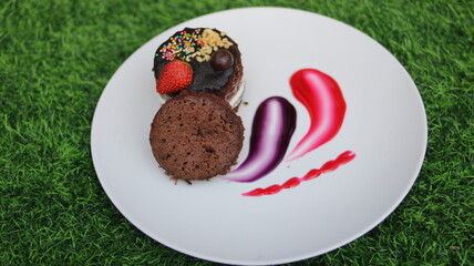Elegant dessert presentation featuring chocolate cake and artistic fruit syrup strokes on a white plate over green grass. A modern, colorful food styling perfect for culinary art concepts.