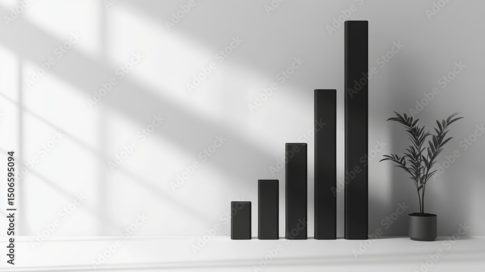 Poster minimalist d bar chart with tall, sleek bars in monochromatic tones, casting shadows on a clean, whi