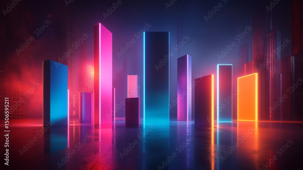 Leinwandbilder Modern D bar chart with neon-colored bars and gradient lighting, set against a dark background for a futuristic look