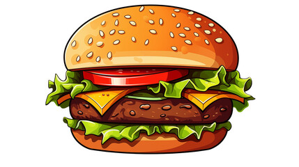 Juicy Cheeseburger illustration with sesame bun lettuce tomato and cheese perfect for restaurant menus or food blogs