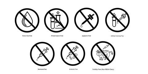 Allergen-Free Vector Icons | Preservative-Free, Hormone-Free, Antibiotic-Free Packaging Symbols
