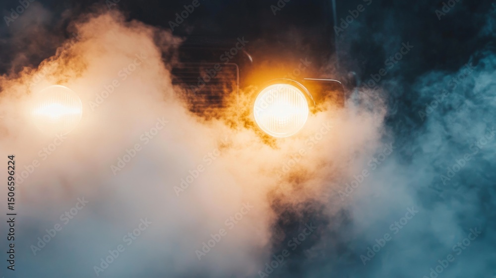 Aufkleber Smoke from a vehicle exhaust pipe slowly dissipating into the cold morning air, with soft light and visible condensation creating a moody effect