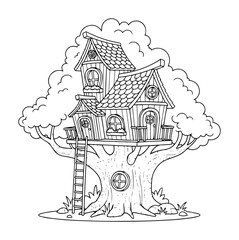 Naklejka premium treehouse with ladder in fairytale style – cozy childhood vector