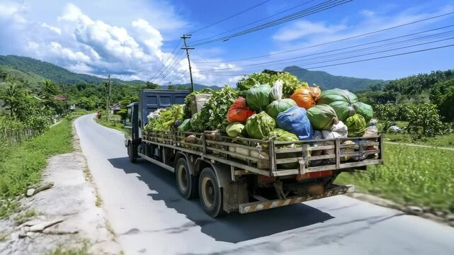 A truck loaded with colorful sacks of produce drives on a rural road surrounded by greenery and distant hills.
