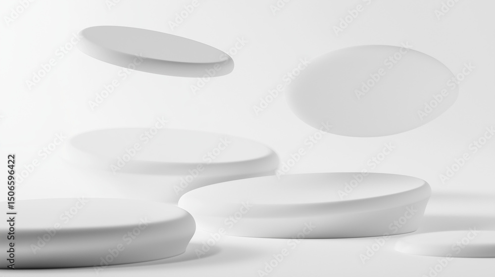 Wall mural white circulars isolated on a clean background, a simple and stark abstract composition