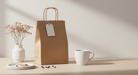 Paper bag with tag, coffee cup and flower on a table