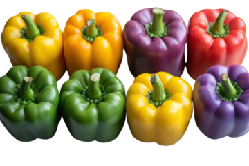 Colorful bell peppers on black background yellow green purple and red bell pepper fresh on transparent background
