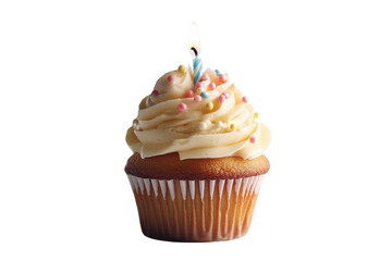 Delicious Cupcake with Candle Celebration Dessert Sweet Treat Baked Vanilla Sprinkles Party on transparent background