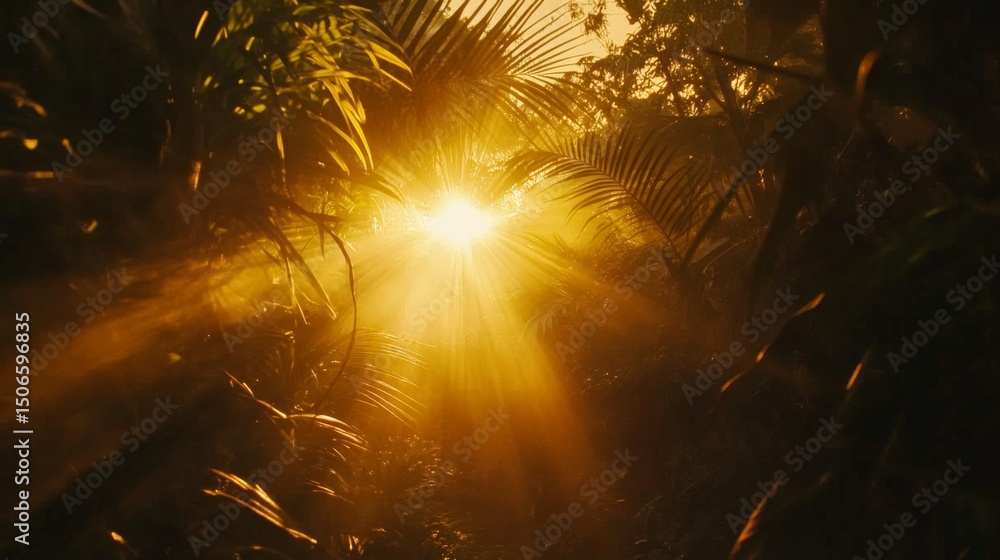 Poster Sunset view with warm, golden sunlight streaming through a forest, illuminating the trees and creating a beautiful contrast