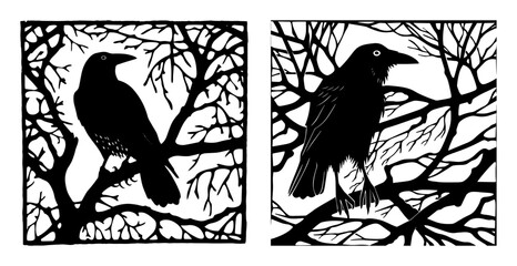 raven perched on tree branches – gothic silhouette bird vector © Aisha Kudorova