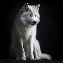 Obraz premium Bold and majestic white wolf captured in a powerful pose, with piercing eyes against a black background