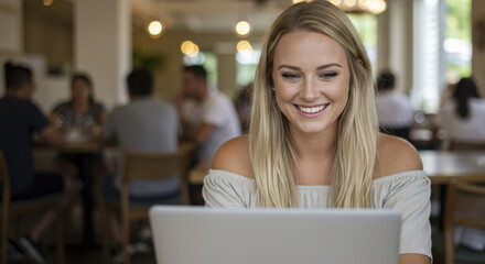 Smiling Blonde Woman Using Laptop in Cafe with People in Background, Selective focus