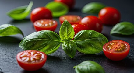 Fresh tomatoes and basil on a dark surface