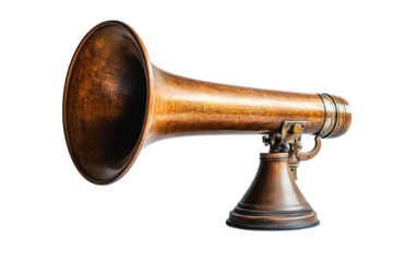 Vintage copper megaphone communication announcement antique brass loud speaker voice old on transparent background