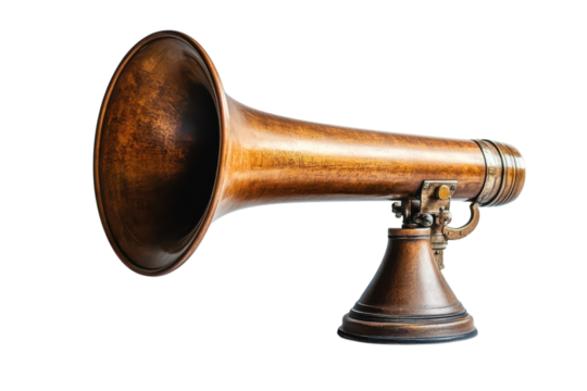 Vintage copper megaphone communication announcement antique brass loud speaker voice old on transparent background
