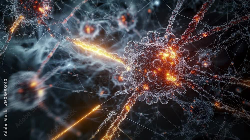 Poster A glowing network of neural cells, resembling neurons with synapses, connected by branching structures in a dark, high-tech environment.