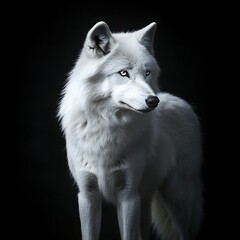 Obraz premium Majestic white wolf with piercing eyes in a dark background capturing its elegance and grace