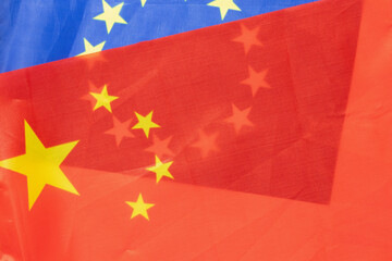 Flags of the European Union and China superimposed on each other, diplomacy, international relations