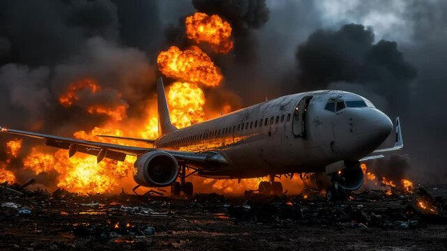 A commercial airplane surrounded by intense flames and thick smoke from a crash site, debris scattered on the ground.