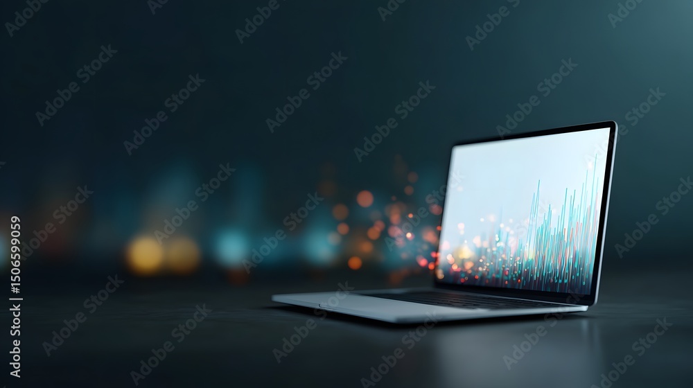Poster laptop emitting digital graphs and data visualizations