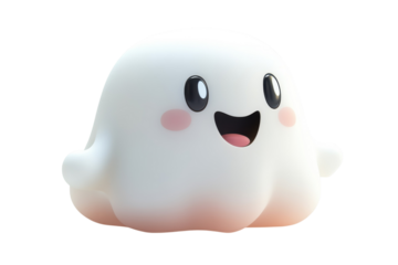Cute Ghost Smiling Cartoon Character 3D Rendering Spooky Kawaii Art Halloween Icon Design on transparent background