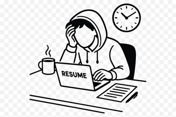  Anxious Resume Writing at Night – Minimalist Line Art Vector

