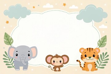 Obraz premium Adorable Baby Animals Jungle Theme Illustration Elephant Monkey Tiger Blank Space for Text