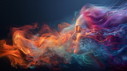 Fototapeta premium Woman expressing inner voice through colorful smoke and light