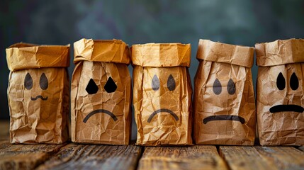 Five crumpled paper bags showing different negative emotions