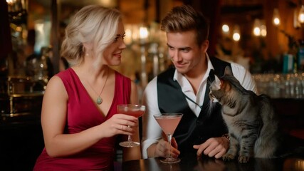 Couple toasting drinks with pet in background during celebration