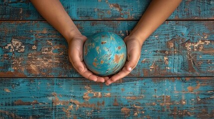 Child holding small globe on rustic blue wooden table for national adoption month