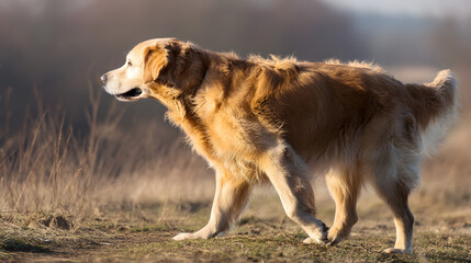 Golden retriever strolling in sunset light, side profile with soft fur, warm glow. Peaceful moment of canine grace.
