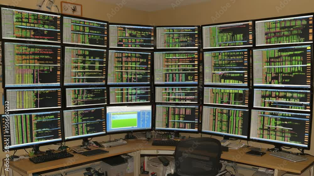 Poster A workstation with numerous computer monitors displays complex data and charts in a trading or analysis room.