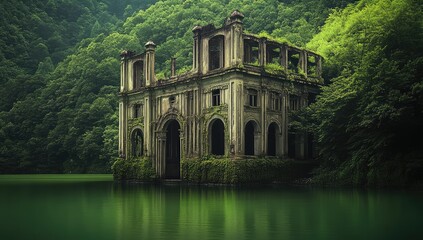 An abandoned church in the middle of a lake, surrounded by forest and greenery, with an old tower on top, taken from a distance,